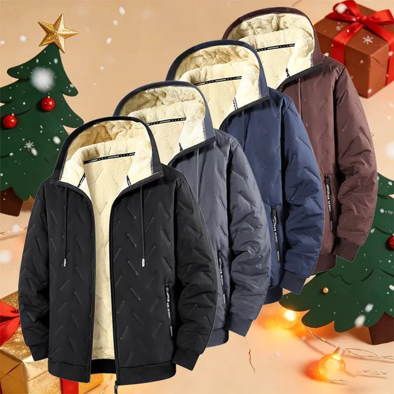 Men’s winter fleece-lined hooded jacket — windproof, waterproof, thickened design, high-performance fill, lightweight tech jacket with a geometric texture, equipped with safety zipper pockets, perfect for outdoor activities in autumn and winter.