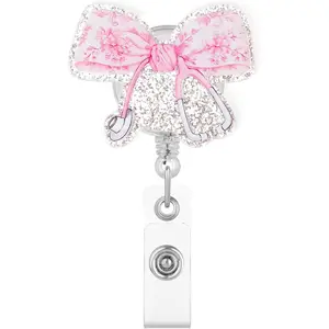 Pink Floral  Bow Badge Reel for ID Card Badge,Sparkly Glitter Retractable Badge Holder  Clip Accessories for Nurse, Student, Worker,Teacher