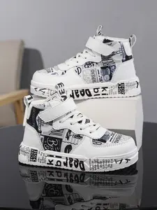 2026 New Kids High-Top Skate Shoes — Boys’ trendy letter-print casual shoes, girls’ Velcro non-slip athletic shoes, versatile student walking shoes for all seasons