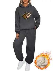Women's Hooded Lamb Wool Sweater & Pants Set, Loose Fit Plus Size, Leopard Heart Pattern Print, Winter Warm Casual