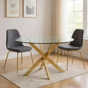 212 MAIN Round Shape Glass Top Dining Table, 30x54x54 in., Clear & Gold Glass & Metal Construction, Cross Legs Base, Full Assembly, for Contemporary Home Decor, Seats Six