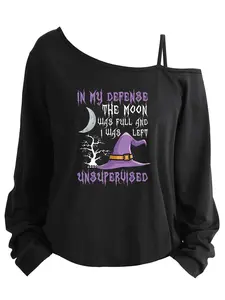 Plus Size Women's Loose-Fit Long Sleeve Cami Top, Asymmetrical Neckline Print T-Shirt, Halloween Fashion, Sizes 1-8xl