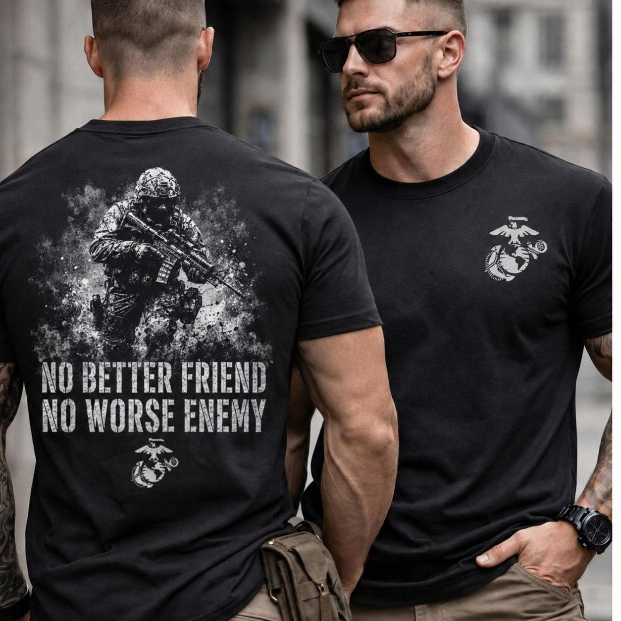 Men’s Graphic Print T-Shirt – USMC “No Better Friend” Design, Casual Loose Fit Short-Sleeve Top, Breathable Patriotic Veteran Gift, Tops, Shortsleeve, Menswear, Lightweight, Tshirt, Round Neck, Soft, Patriotic Gift, Unisex Fabric Apparel