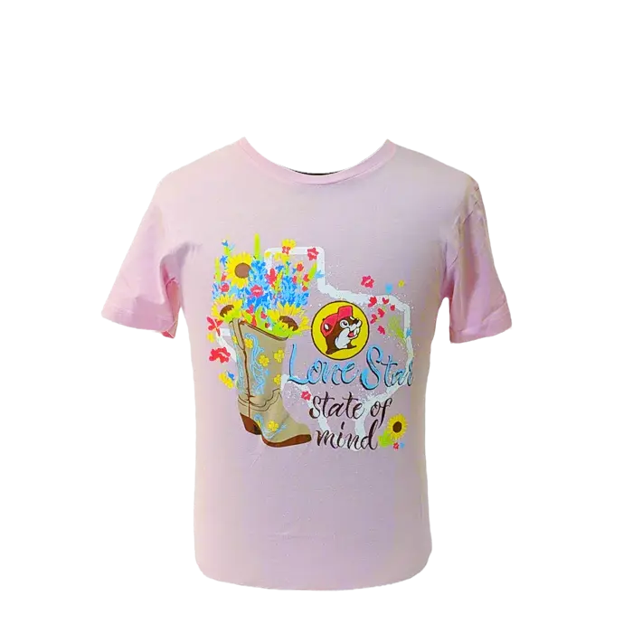 Buc-ee's Womens Pink Graphic T-Shirt with Colorful Lone Star State of Mind Print