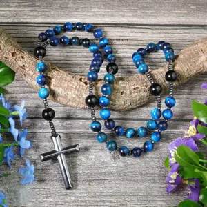 Natural Blue Tiger's Eye Hematite Necklace with Cross Pendant, Natural Healing Crystal for Meditation & Protection