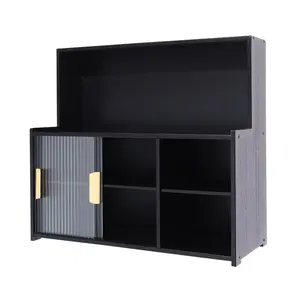 3 Tiers Countertop Kitchen Pantry, Small Bamboo Sideboard with 2 Sliding Glass Doors Standing Dining Cupboard Storage Cabinet for Cup Spice Seasoning Bottle