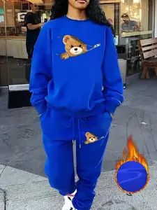 【Plus Size】 Two-Piece Set Cartoon Bear Print Sweatshirt & Pants Set, Casual Long Sleeve Pullover & Trousers, Women's Fall & Winter Clothes for Daily Wear