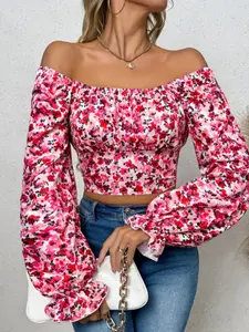 Women's Spring Autumn Fashion Boho Sexy Fitted One Shoulder Off-Shoulder Wrap Top, Long Sleeve Lantern Sleeve Printed Tie Front Blouse, Casual Elegant