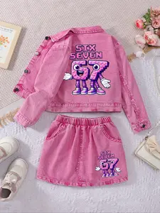 Comfortable and skin-friendly denim suit for girls, six seven fun number printed outfit, two-piece set with denim jacket and short skirt. Suitable for school, outings and outdoor activities. Popular streetwear for spring and summer, ideal for girls aged 8