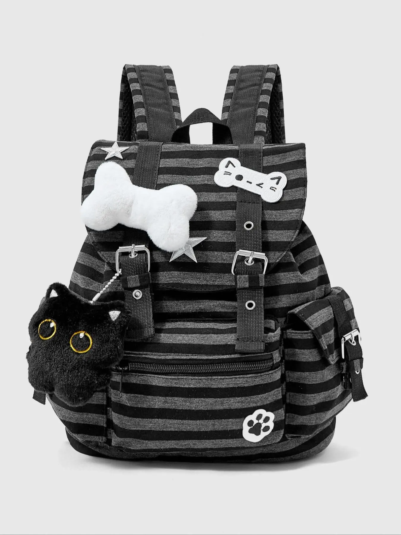 Punk Academy Cat Claw Print Bone Star Colorblock Striped Multi-Pocket Backpack, Fashion Casual Unisex Large Capacity Bag for Commuting School, Student Backpack, Fluffy Backpack, School Backpacks, Student Class Backpack, Backpack Bags