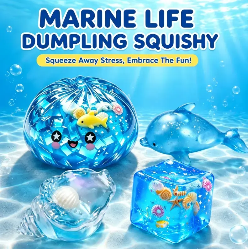 Cute Ocean Shark Shell Dumpling Squishy Toy, Glitter Soft Squeeze Fidget Toy, Portable Hand Stress Relief Toy, Perfect Party Holiday Gift for Kids Adults