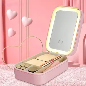 Rechargeable Makeup Mirror for Women, Travel Makeup Case Cosmetic Bag Organizer with 3 Color Adjustable Mirror, Beauty Tools Mirrors,Monther's Day Gift, Can Be Used for Travelling, Beauty and Personal Care Use