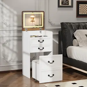 Vlsrka 3-in-1 Compact Vanity Desk Flip-Top LED Mirror, USB & Type-C Ports, Glass Tabletop, Jewelry Organizer, and Two Storage Drawers Durable Makeup