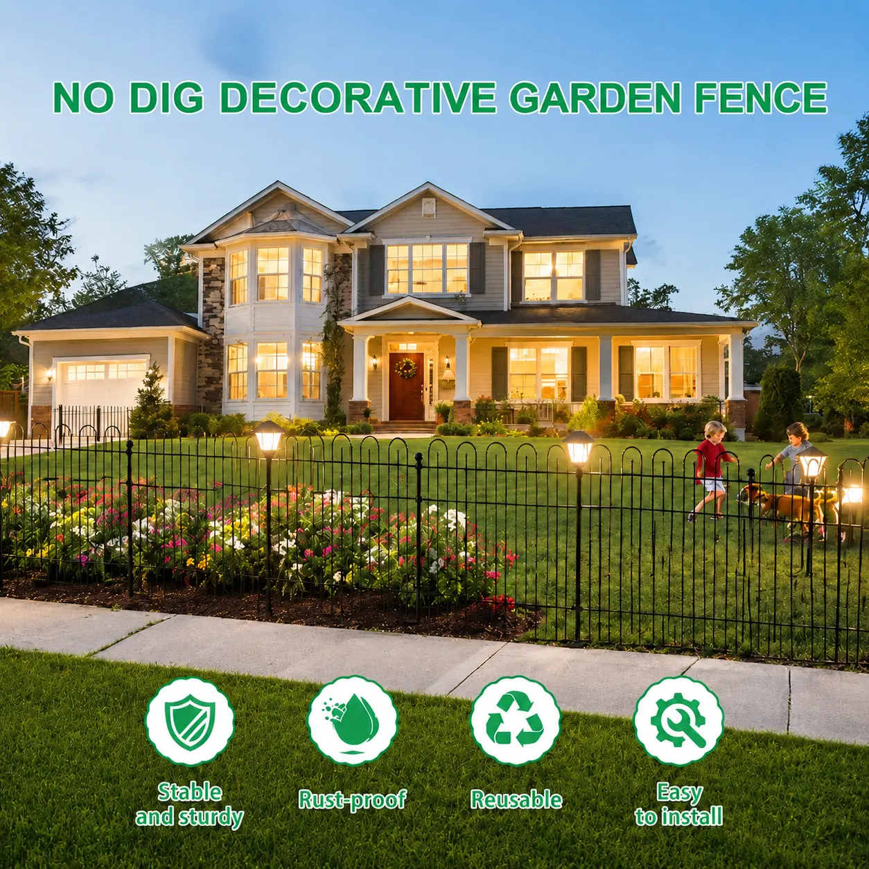 【Summer Vibes】No-Dig Garden Fence with Solar Lights, Decorative Metal Animal Barrier Fence Panels for Yard, Rust-Resistant Outdoor Pet Fence for Dogs, Rabbits and Patio sohochic