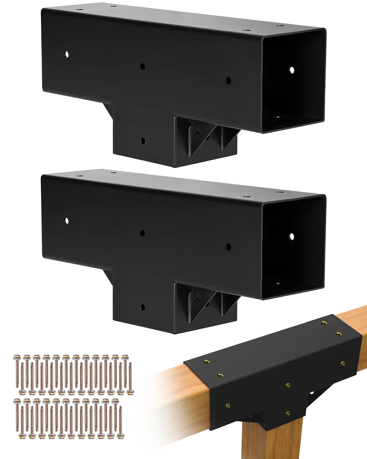 【summerfinds】VEVOR 2-Pack Carbon Steel T-Shaped Pergola Brackets Kit, 3.5x3.5in (Fits 4x4 Nominal Wood Posts), 3-Way DIY Woodworking Connectors with Screws, Built-In Sail Shade Backyard Attachment Holes, Easy-Detach Full-Wrap Design for Outdoor Parties
