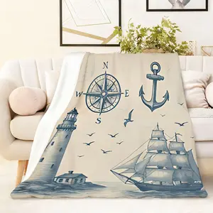 270G Flannel Blanket Nautical Theme Print Vintage Anchor Lighthouse Sailboat Compass Pattern Soft Comfortable Thick Warm Throw Blanket Bedroom Living Room Sofa Decorative CoverletExclusive Home Textile
