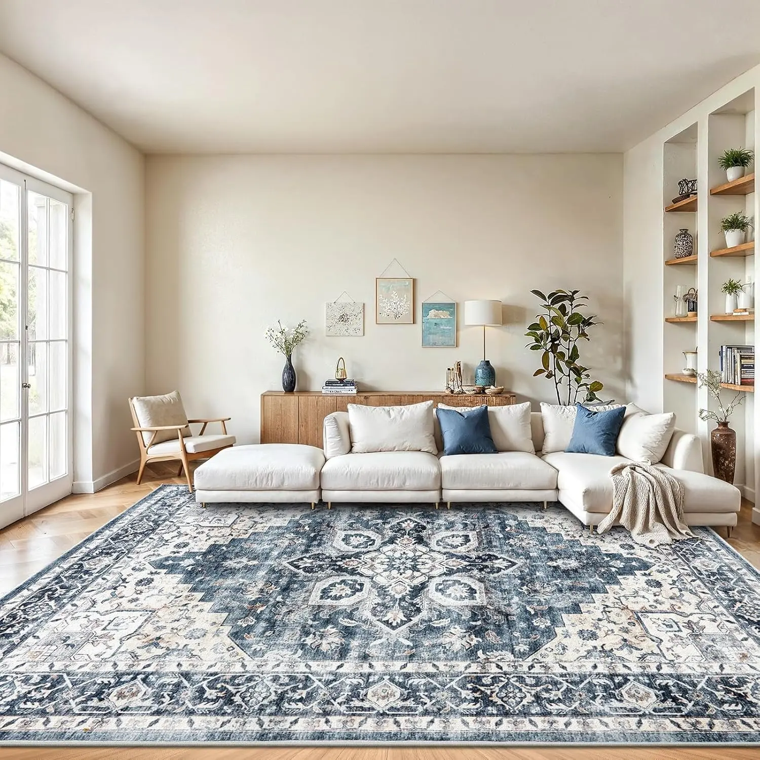 5'x7' / 8'x10' Vintage Washable Area Rug, Low-Profile Carpet with Non-Slip Backing & Durable Edge Binding, Large Indoor Floor Rug for Living Room, Bedroom & Dining Room