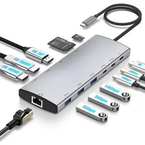 USB C Hub Docking Station Dual  12 in 1 Triple Display Multiport Adapter with 2 HDMI, 4K DP, 3 USB 3.2 10Gbps, 2 USB 3.0 Ports, 100W PD, Gigabit Ethernet, SD/TF for MacBook, Laptops