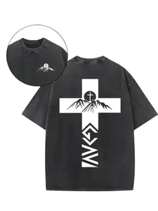Cross & Mountain Christian Graphic Tee | Washed Black Faith Shirt | Minimalist White Cross, Mountain & "GOD IS WITH US" Text Design | Oversized Loose Fit | Daily Wear & Church Outings | Trendy Religious Statement Apparel