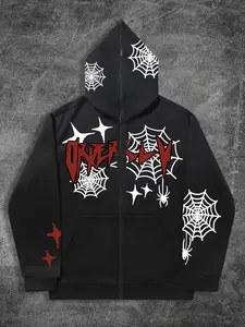 Fall outfits,Men's Fall Hoodie with Spider Web & Spiders Design, Perfect Halloween, Dark Trendy Style for Autumn Season