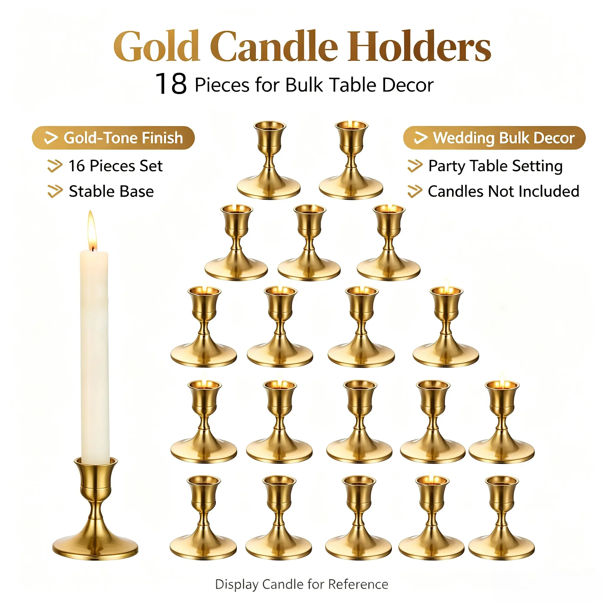18-Piece Brass and Matte Black Metal Taper Candle Holders, Elegant Table Centerpieces for Wedding, Christmas, Farmhouse Decor (Candles Not Included)