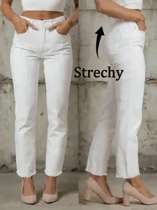 High Stretch Mid-Rise Women Denim Jeans with Raw Hem, Loose-Fitting Casual Style for All Seasons, Trendy Minimalist Plain Design for Comfort