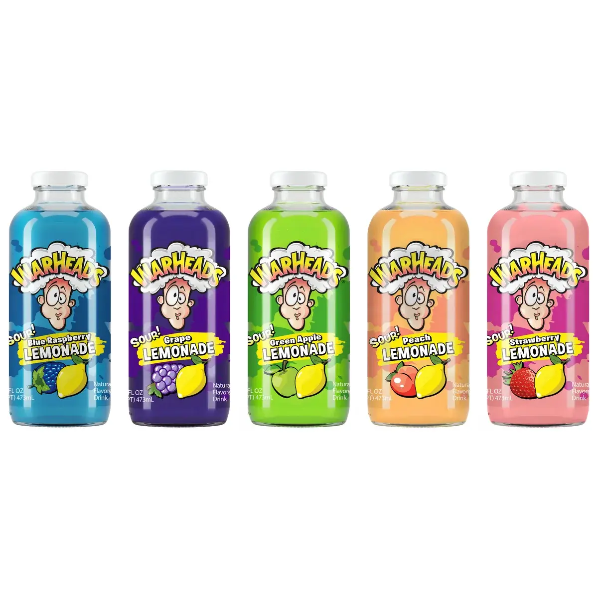 Warheads Sour Lemonade Variety Pack, 5 Bottles, 16 fl oz Each, Assorted Flavored Lemonade Drink, Blue Raspberry, Green Apple, Grape, Peach & Strawberry
