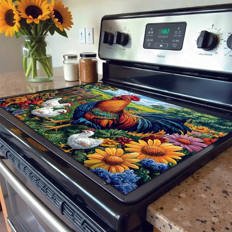 Rectangle Non-slip Rubber+Fabric Kitchen Appliance Mat - 23.62x19.69inch/60x50cm, 3mm Lightweight, Durable Rooster Scene, Non-transparent, Dust & Scratch Guard, Moisture Absorbent, Easy Cleaning, Not Suitable for Machine Washing, for Stoves, Washer Dryer