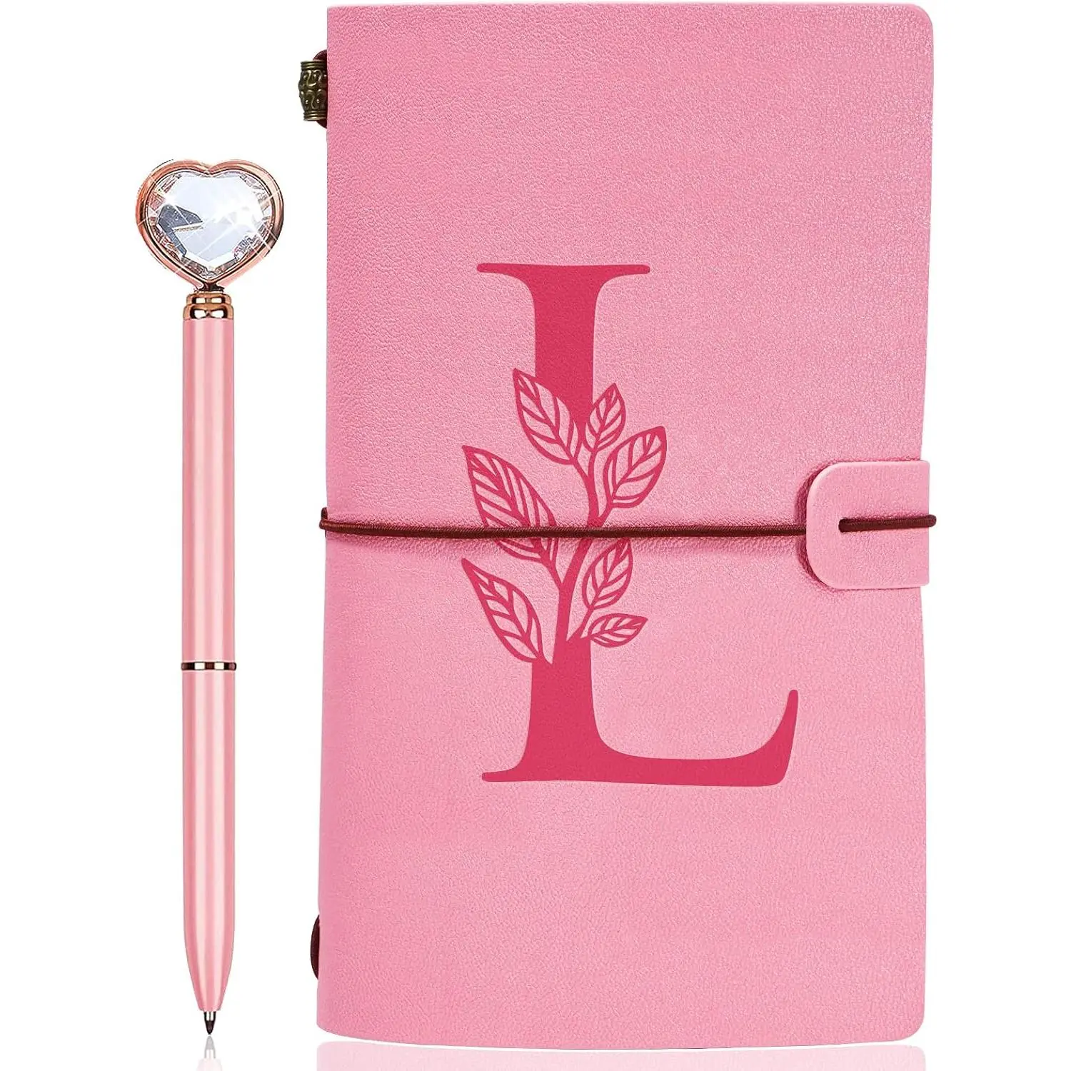 Personalized Journal - Initial Leather Journal+Heart  Pen Set,Travel Notebook Diary Gifts,Refillable Notepads,Christmas,Birthday Gifts for Women Girls (7.9"x4.7") (L)