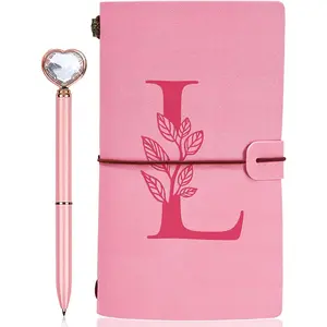 Personalized Journal - Initial Leather Journal+Heart  Pen Set,Travel Notebook Diary Gifts,Refillable Notepads,Christmas,Birthday Gifts for Women Girls (7.9"x4.7") (L)