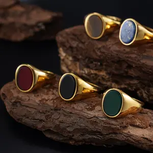 Natural Stone Series for Women Men Elliptical Ring with Real Natural Tiger's Eye Black Onyx 316L Stainless Steel Male Female Turquoise 18K Golden Plated Plated Ring Natural Lapis Stone Handmade Jewelry