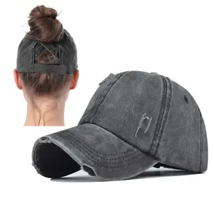 Criss Cross Ponytail Hat Women Washed Distressed Baseball Caps Adjustable High Messy Bun Ponycap