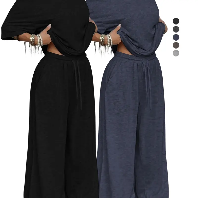 Women's 2-Piece Casual Lounge Set, Effortless Loungewear, Off-Shoulder Short Sleeve Oversized Top & Wide-Leg Pants, Soft Comfortable Fabric Drawstring Loungewear Pyjamas Pajama Pjs Nightwear Homewear for All Seasons