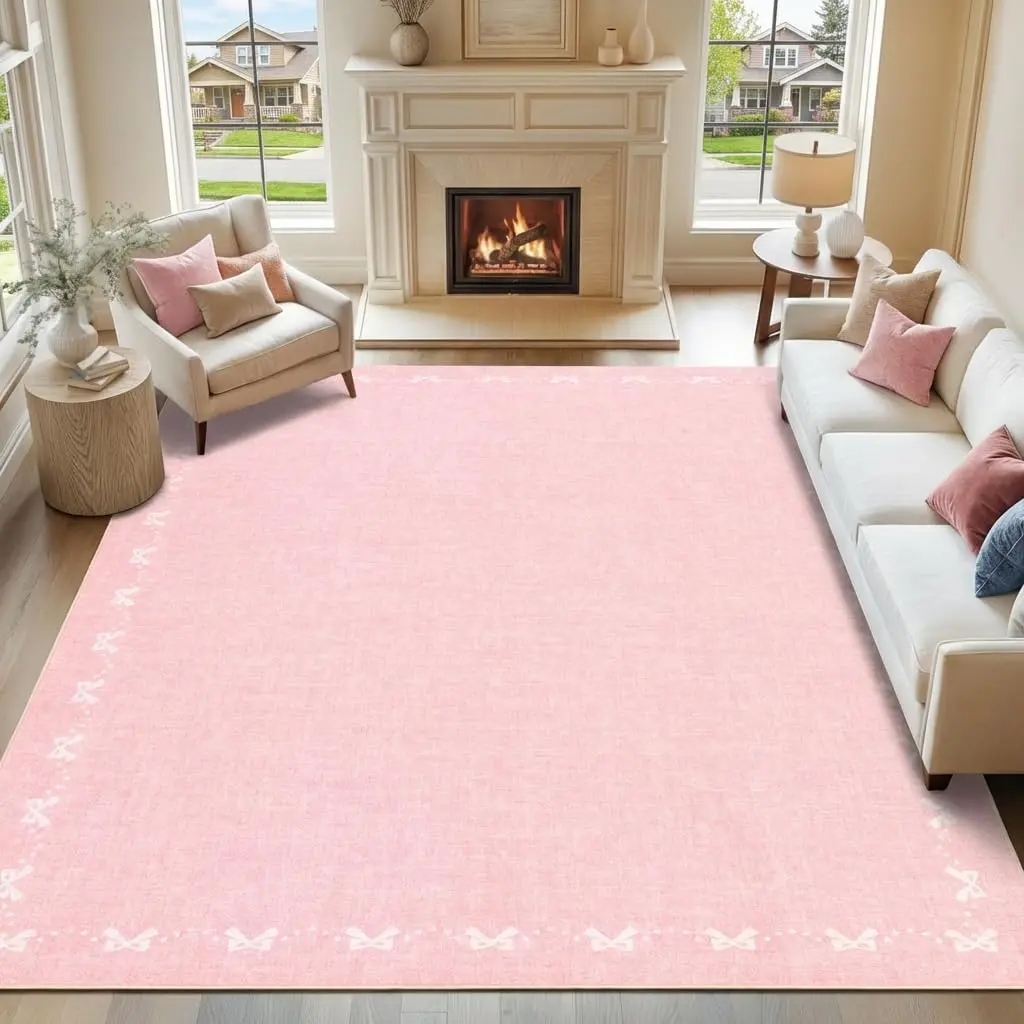 9x12 Bow Printed Rug for Bedroom, Large Solid Color Living Room Rug with Non Slip Backing, Stain Resistant Non Shedding Rugs Low Pile Modern Farmhouse Carpet for Bedroom, Dining Room, Pink