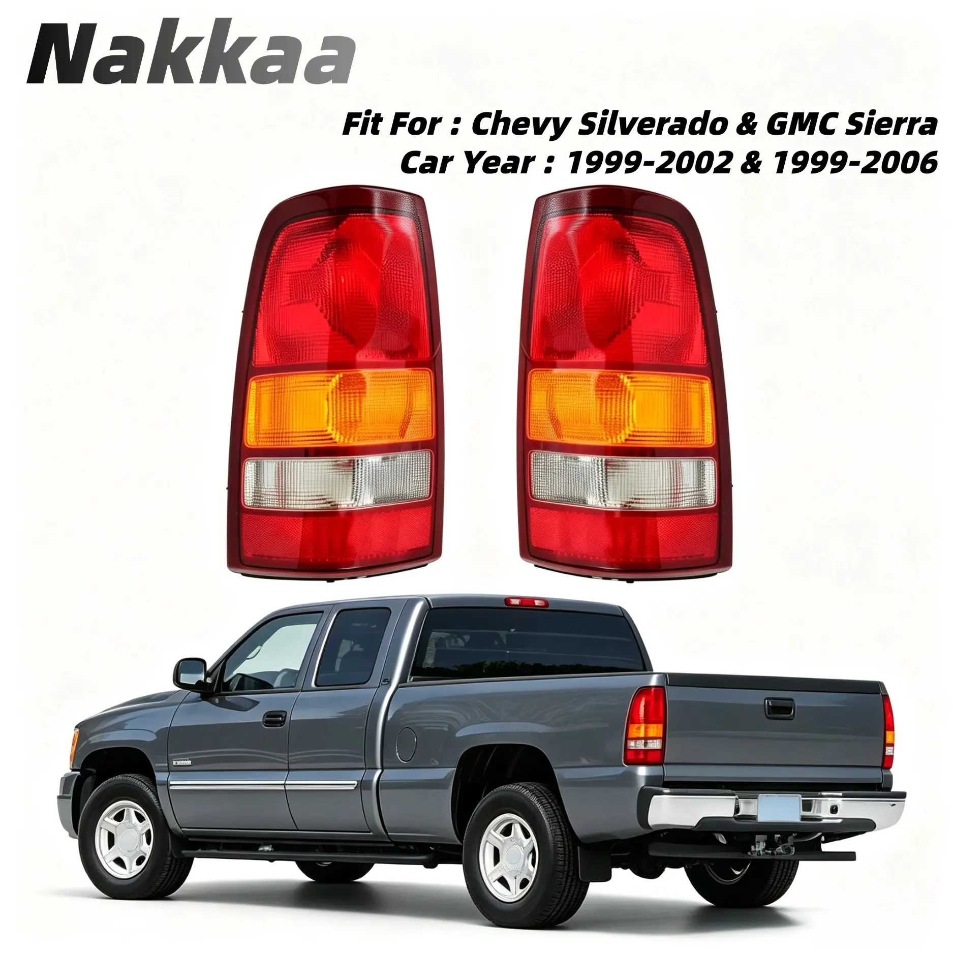 Nakkaa Fit For 1999-2002 Chevrolet Silverado 1999-2006 GMC Sierra Pickup Truck Rear Tail Lights  (Tri color black border or Tri color red border), Car Lighting Accessories, Halogen Lighting Technology, Vehicle Specific Fit