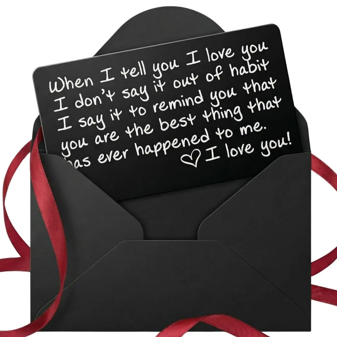 Metal Wallet Card - I Love You Gift for Husband, Boyfriend - Laser Engraved, Durable Aluminum Keepsake for Him and Her - Valentines, Anniversary, Birthday - Gift Ready Envelope Included