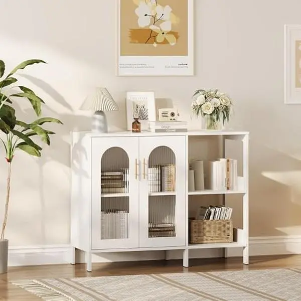 White Modern Sideboard Buffets Cabinet - Ripple Glass Door, Metal Handles, Adjustable Shelves, Sturdy Solid Wood Frame - Easy DIY Assembly Kit, Living Room/Dining Room Furniture with Built-In Storage, Hallway Collectibles Display
