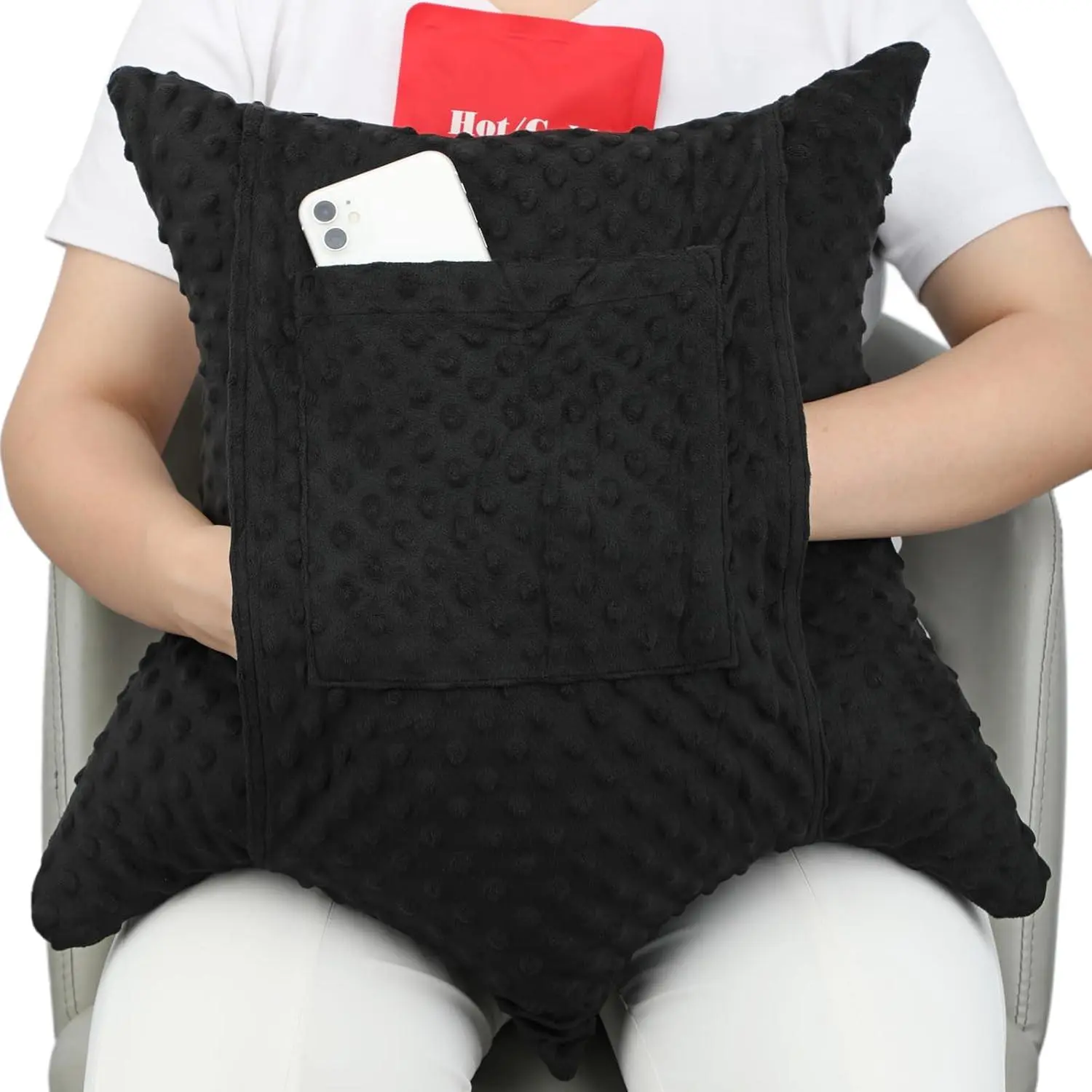 Star Shaped Hysterectomy Pillow with 2 Pockets for   Hysterectomy   Haves Products Gifts Tummy Pillow with Hands Placement Pouch Minky Dot Black