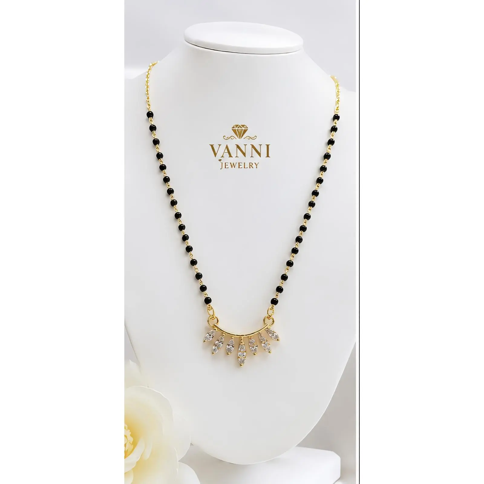 Vanni Jewelry Daily Use Mangalsutra with Black Beads and Crystal Pendant for Women