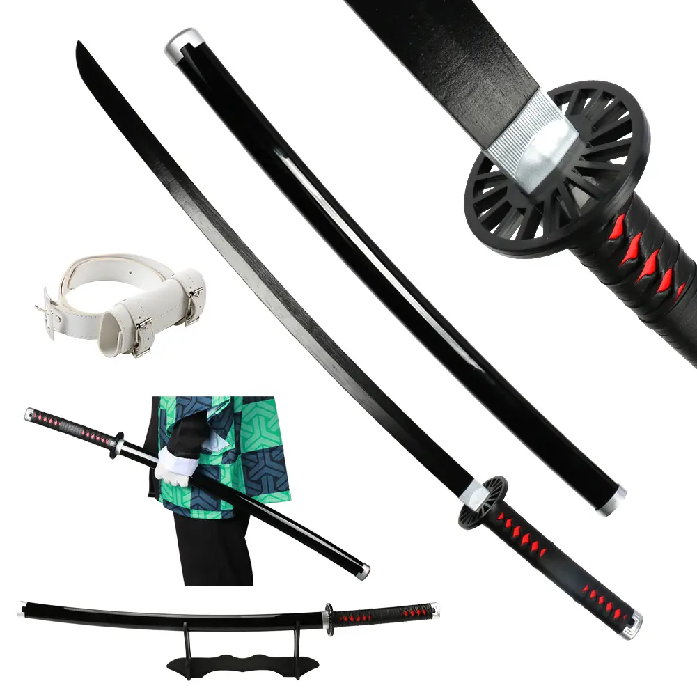 ELERVINO Demon Slayer Cosplay Sword, Kamado Tanjiro Replica Bamboo Wood Katana, 41 Inch with Belt and Holder for Halloween, Christmas Decoration