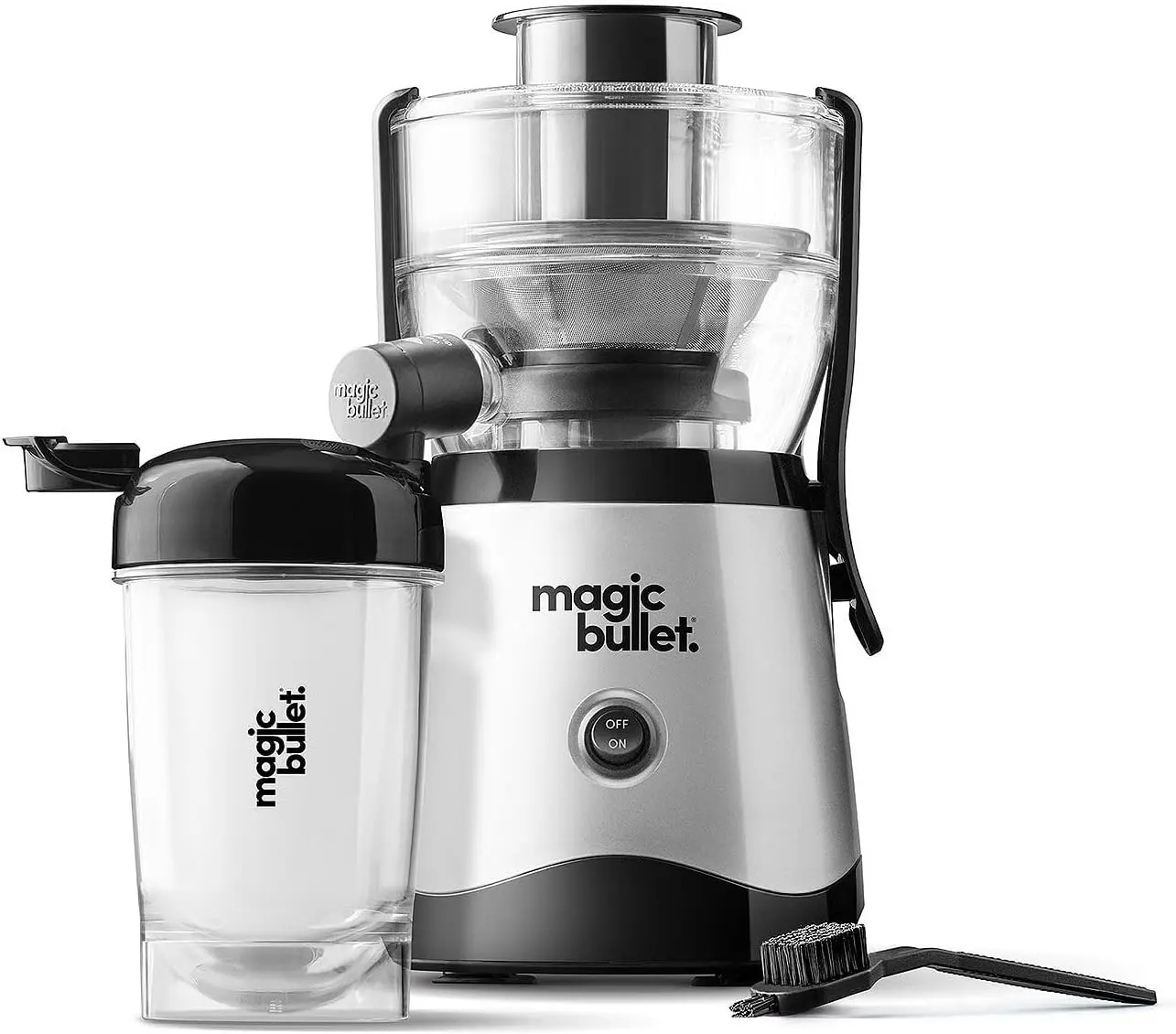 Magic Bullet Mini Compact Centrifugal Juicer for Fruit Lovers - 400-watt Efficient Motor, 2-in Feed Chute (Less Chopping), 16-oz Silicone Cup (0.473 L), Small Footprint, Dishwasher Safe, 100V, Black & Silver