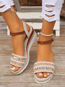 Summer Straw Open Toe Sandals with Thick Sole & Colorful Thread Sparkle, Perfect for Casual Wear, Comfortable Women's Footwear