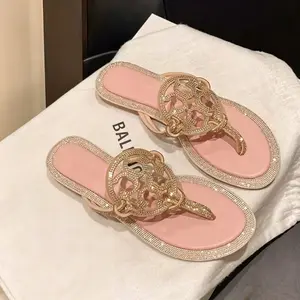 Women's Bling Crystal Thong Sandals Champagne Gold Hollow Medallion Comfortable Pink Footbed Summer Casual Shoes Champagne gold pink flip flops Bridesmaid bling flip flops Bridesmaid bling flip flops