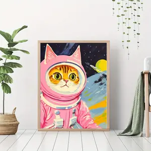 Office Ready, Whimsical Pink Cat Astronaut Canvas Art Print – Colorful Space-Themed Wall Decor, Retro Style, Unframed Poster for Living Room, Bedroom, Home Office, Office Decor