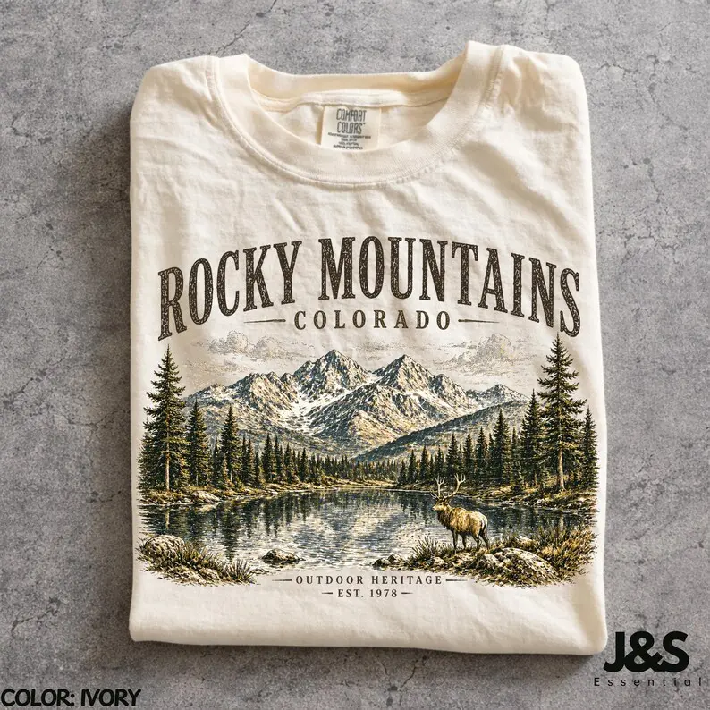 Vintage Rocky Mountains Colorado Shirt, Retro 90s Outdoor Heritage Graphic Tee, Artistic Elk Nature Top, Comfort Colors Hiking Gift