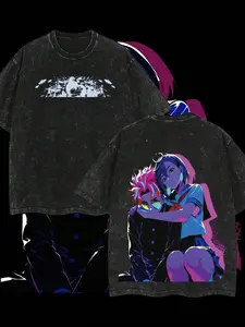 Men's Washed T-Shirt Anime Character Print Momo & Okarun Dandadan Chaotic Duo Tee Vintage Manga Graphic Heavy Cotton Streetwear Fit Menswear Retro Anime Comic Book Style Otaku Fashion Top