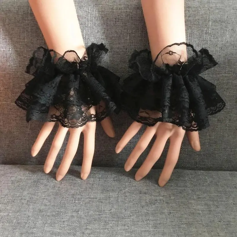 Lolita Hand Sleeve Detachable Lace Ruffled Wrist Cuffs Black White Elastic Fake Cuffs Wristband Women Cosplay Accessories