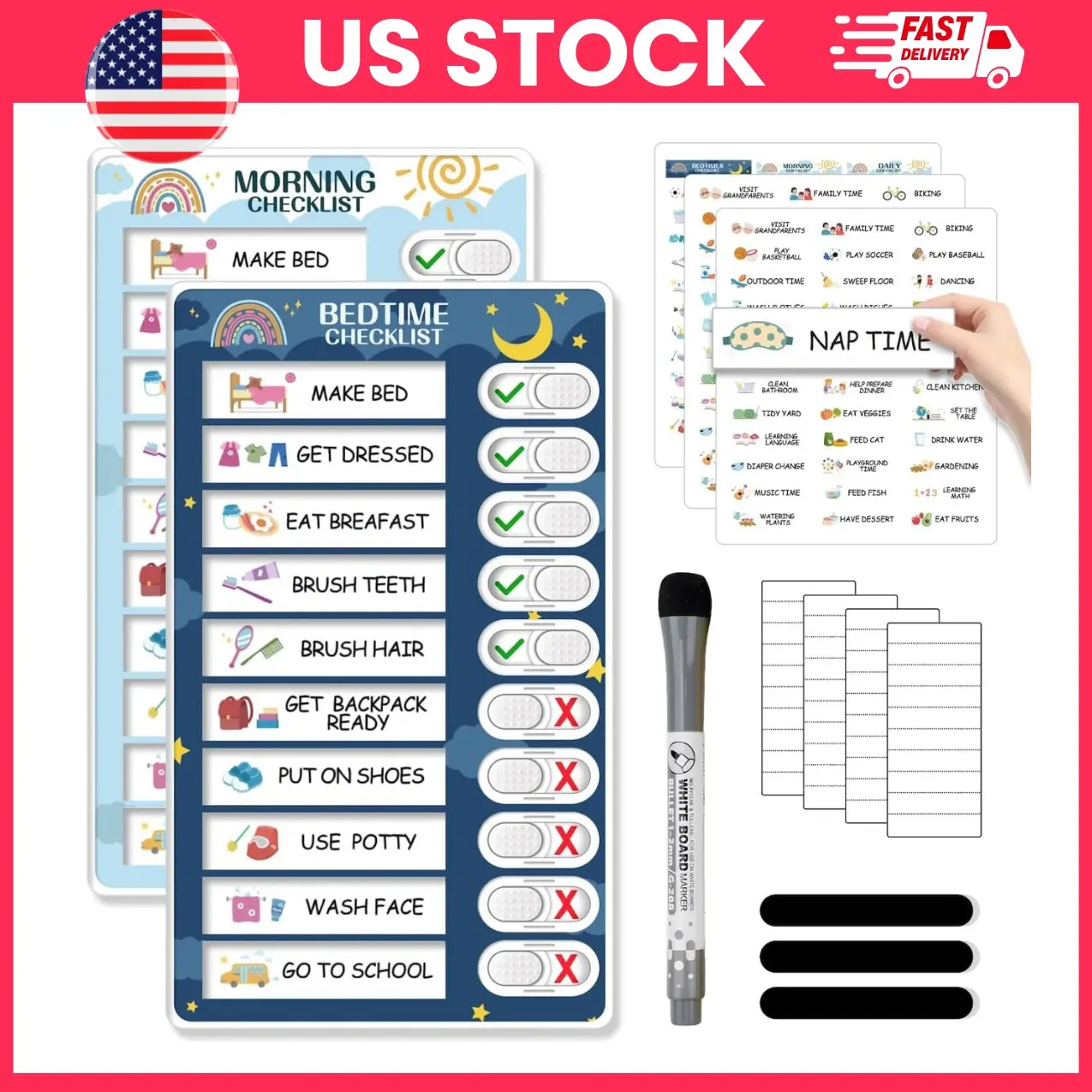 Kids Routine Chart Morning Bedtime, Magnetic Chore Chart for Kids Toddlers, Visual Schedule Board with Slider Checklist, Daily Routine Organizer for ADHD Kids Home School Habit Tracker, Cute Kids Planner Back to School Gift | Morning And afternoon Routine
