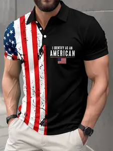 Men's Patriotic American Flag Split Print Polo Shirt, "I Identify As An American" Text, Short Sleeve Button Placket, Casual Slim Fit for 4th of July & Summer, Menswear