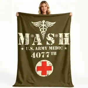 4077Th U.S. Army Medical Corps - A Patriotic Green Blanket Featuring a Stethoscope And Red Cross Design, Made of Soft Polyester, Ideal for Home Decoration, Camping, Picnics, And Various Other Uses  Warm Haven Textiles